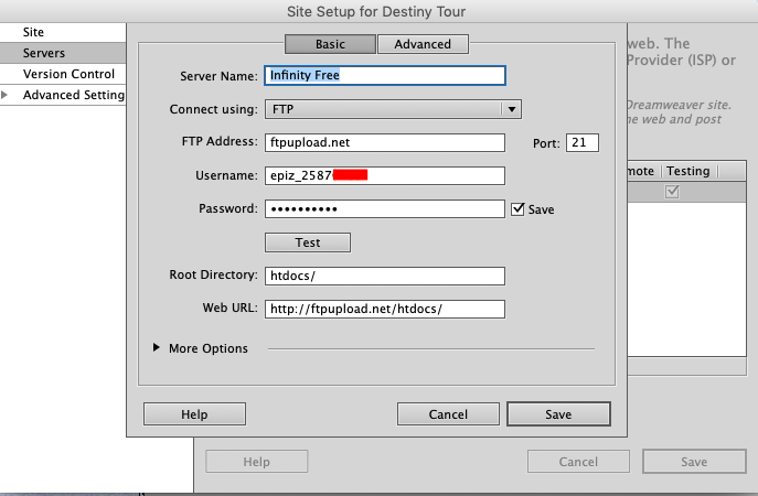 Server Settings Dreamweaver